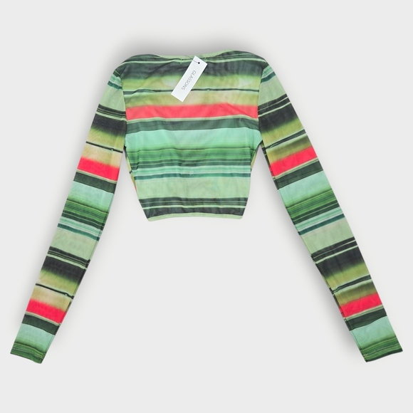 Glassons Crop Top Womens X Small Green Black Mesh Long Sleeve V-Neck Sheer - Picture 8 of 8